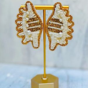 White and Gold Pearled and Beaded Conch Statement Earrings